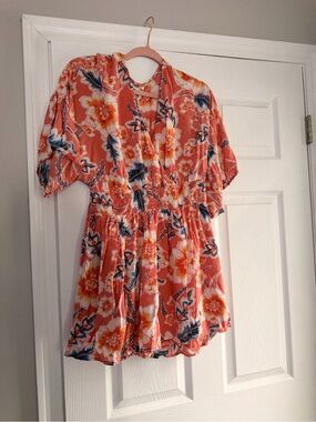 O'Neill Coral Floral Mini Dress with Blue and Yellow Accents